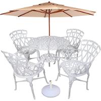 Conjunto Com Mesa Ripada + 4 Cadeiras De Jardim E Piscina + Ombrelone Com Base Bege - 7