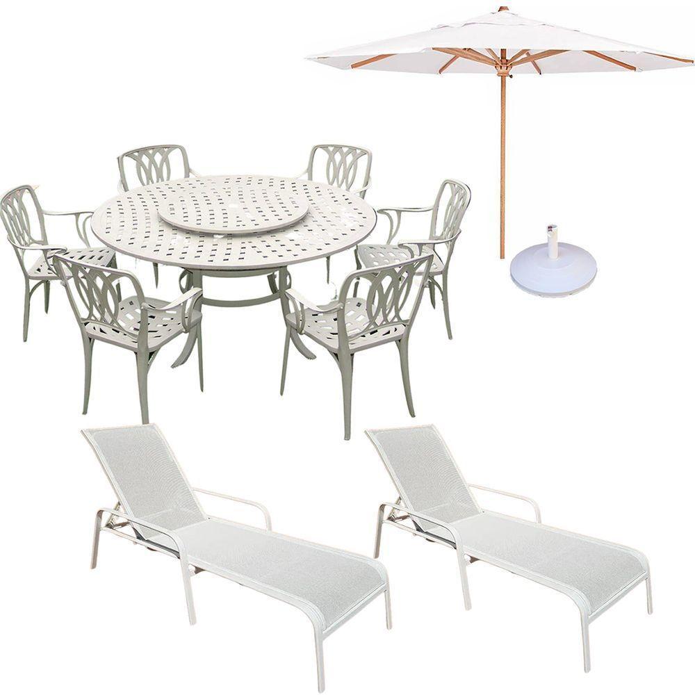 Conjunto De Jardim Mesa Giratória 6 Cadeiras, Ombrelone E Espreguiçadeira Piscina Branco - 1