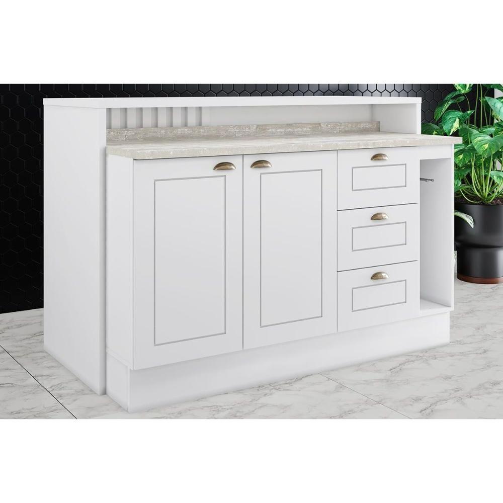 Bancada Ilha Cozinha Gourmet Americana c/ 2 Portas e 3 Gavetas 145cm Branco - Henn - 1