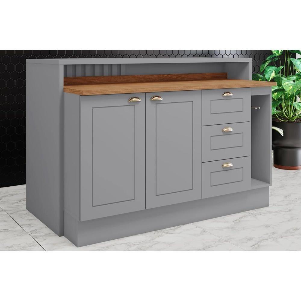 Bancada Ilha Cozinha Gourmet Americana c/ 2 Portas e 3 Gavetas 145cm Cinza - Henn - 1