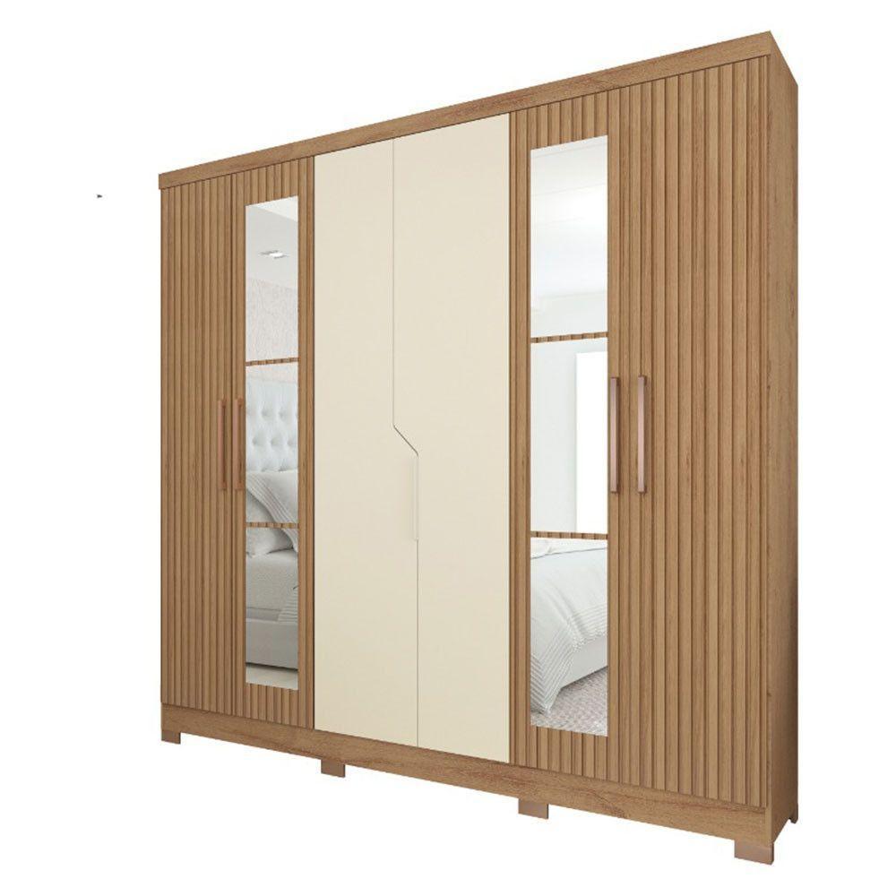 Guarda Roupa Casal 6 Portas 4 Gavetas Com Espelhos E Pés Chicago Atualle Canelato Rústico Com Natura Off White - 1