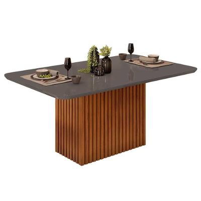 Mesa de Sala Jantar Canes c/Tampo Madeirado Vidro Curvo 170x90cm Freijo/Cinza Urbano - DJ Móveis