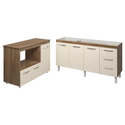 Balcão Cozinha Armário Gabinete De Pia 160 Cm Estela E Balcão Para Microondas E Forno Elétrico Lilian Savana Off White