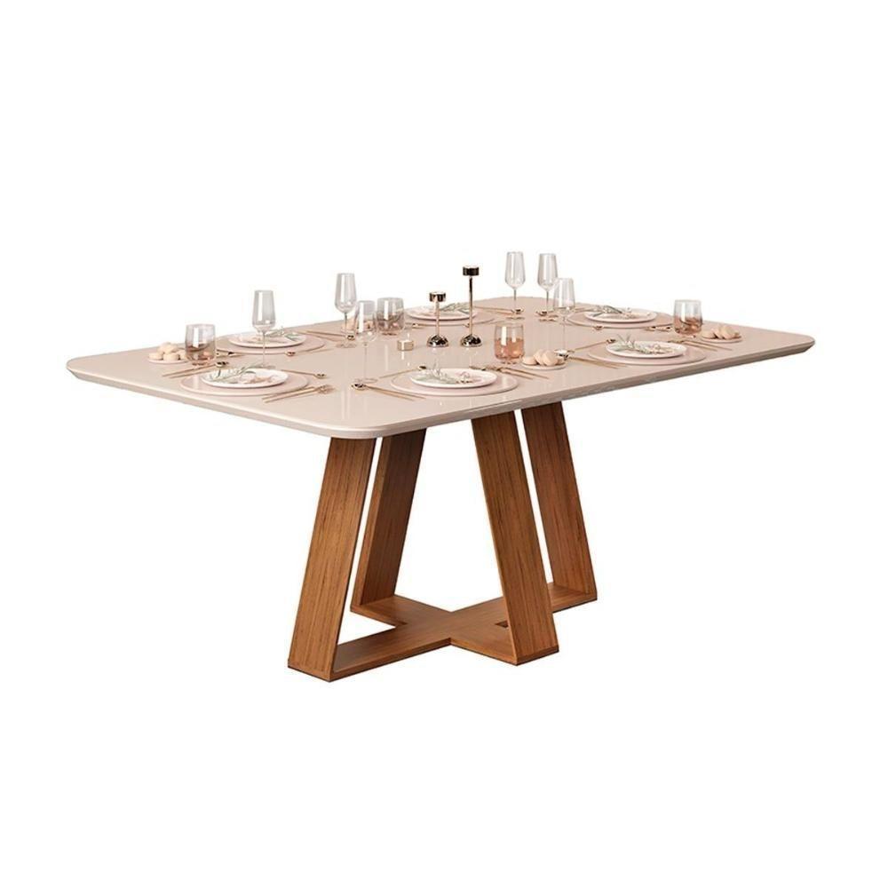 Mesa de Sala Jantar Celeste c/Tampo Madeirado Vidro Curvo 160x90cm Freijó/Off White - DJ Móveis - 1