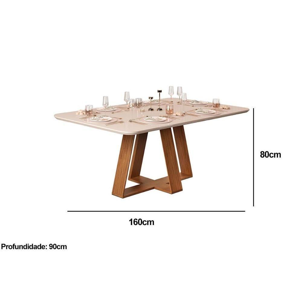 Mesa de Sala Jantar Celeste c/Tampo Madeirado Vidro Curvo 160x90cm Freijó/Off White - DJ Móveis - 6