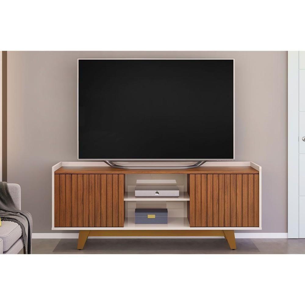 Rack Bancada p/TV até 60 Polegadas Flat Ripado c/ Nichos e Pés 150x60cm Freijó/Off White - DJ Móveis - 1