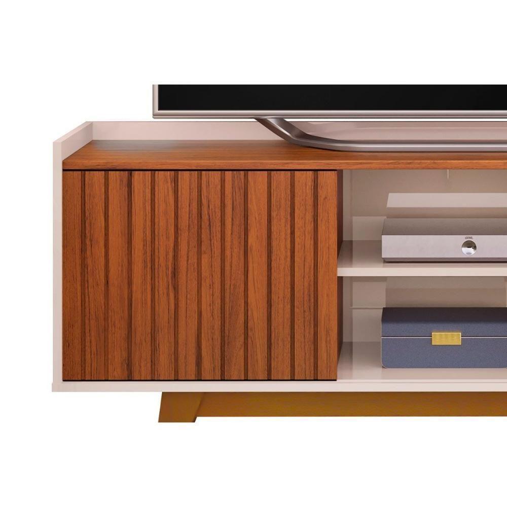 Rack Bancada p/TV até 60 Polegadas Flat Ripado c/ Nichos e Pés 150x60cm Freijó/Off White - DJ Móveis - 4