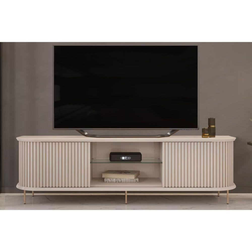 Rack Bancada p/TV até 75 Pol Atlas 100% MDF c/ Ripado e Pés 218x62cm Off White - DJ Móveis - 1
