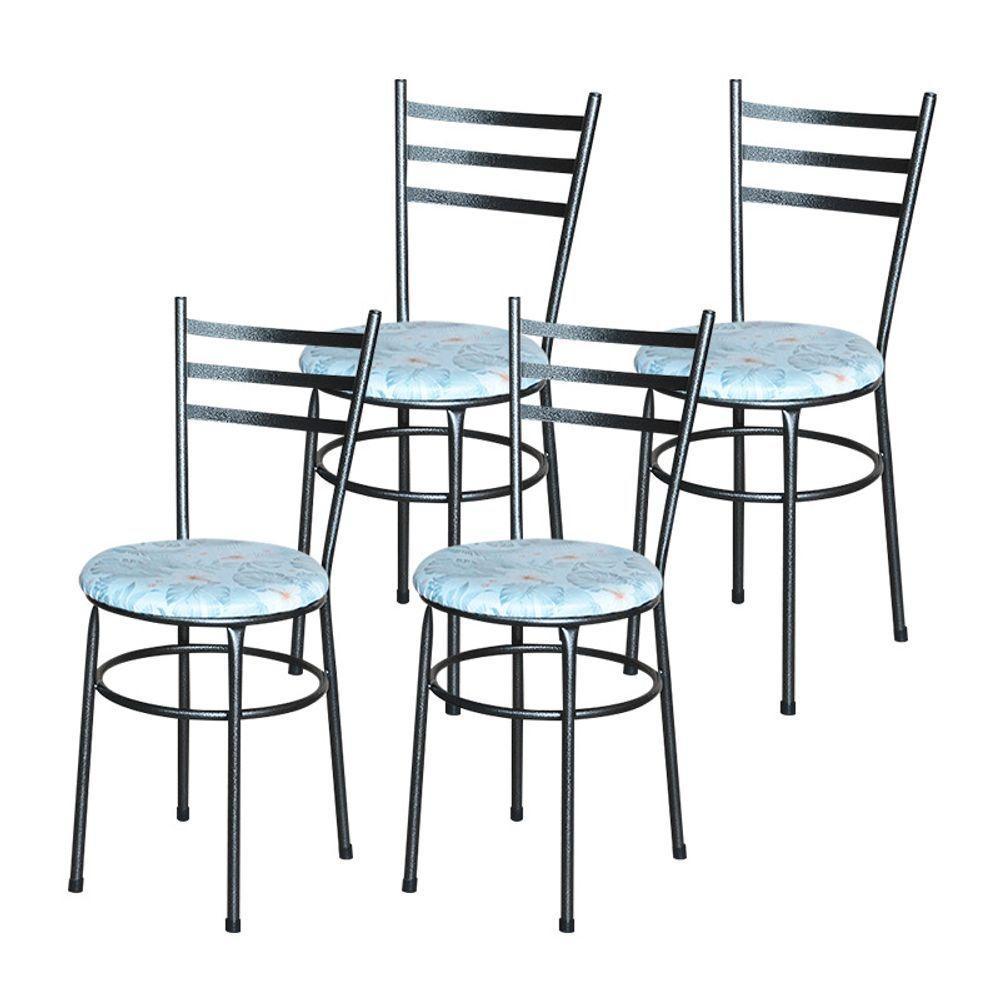 Conjunto 4 Cadeiras Para Cozinha Epoxi Preta Craqueada Assento Floral Gelo - 1
