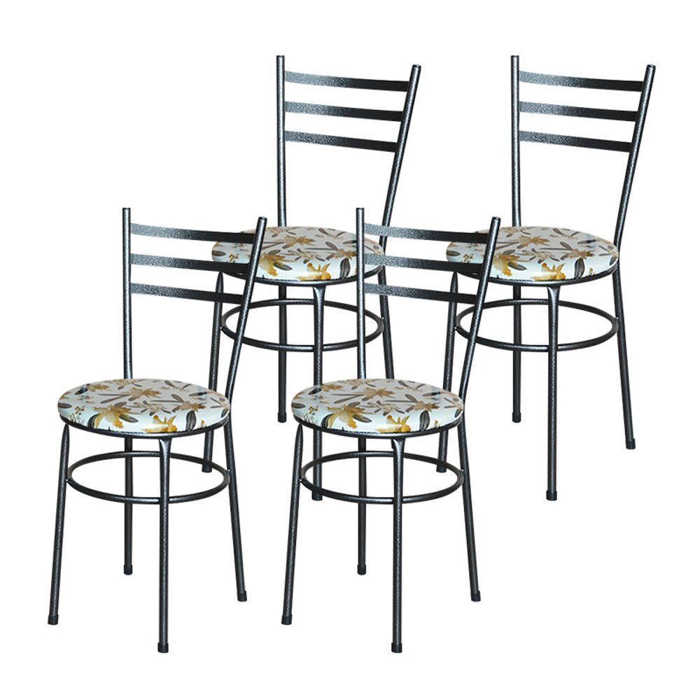 Conjunto 4 Cadeiras Para Cozinha Epoxi Preta Craqueada Assento Floral Orquídea - 1