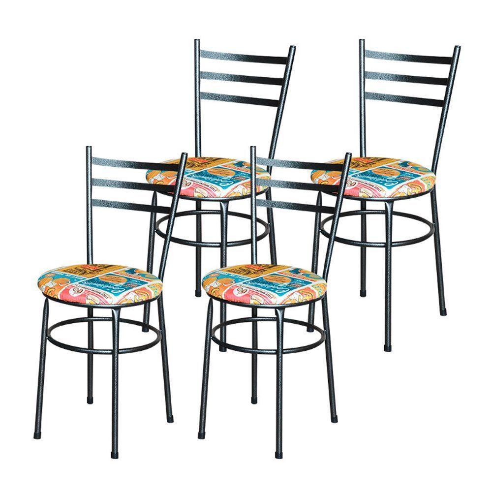 Conjunto 4 Cadeiras Para Cozinha Epoxi Preta Craqueada Assento Floral Happy Hour - 4