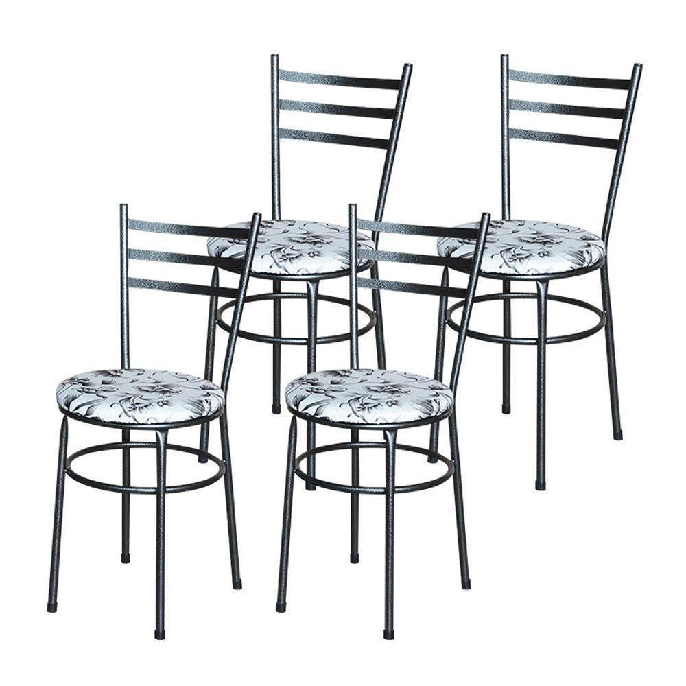 Conjunto 4 Cadeiras Para Cozinha Epoxi Preta Craqueada Assento Floral Branco - 3
