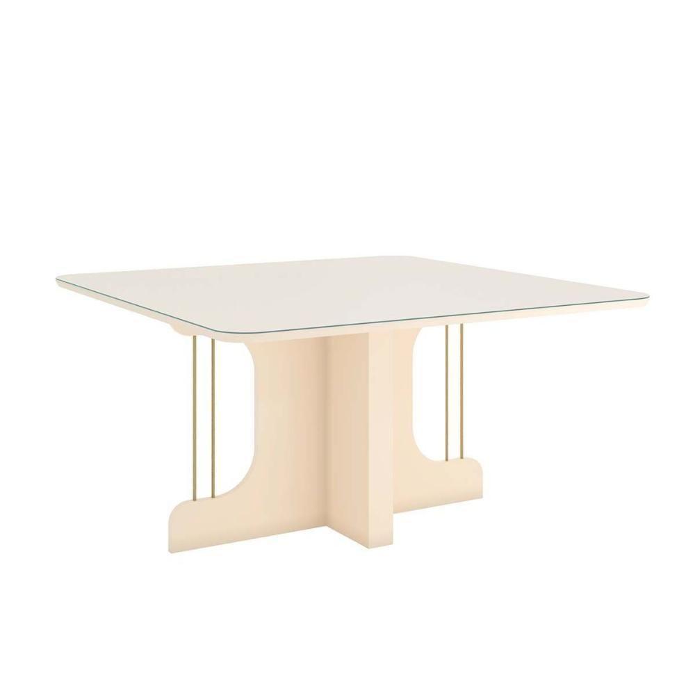 Mesa de Sala Jantar Mavi SC102 c/Tampo Madeirado Vidro Curvo 150x150cm Off White - Henn - 1