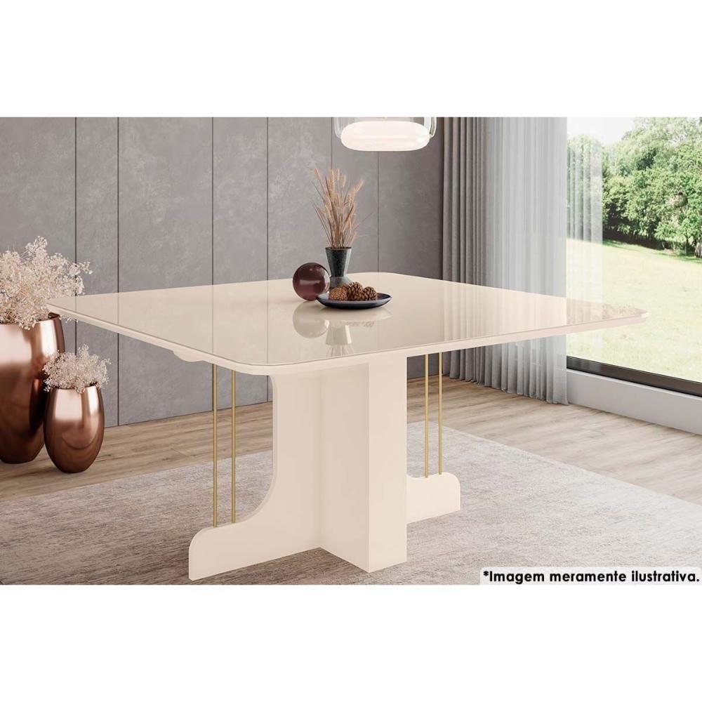 Mesa de Sala Jantar Mavi SC102 c/Tampo Madeirado Vidro Curvo 150x150cm Off White - Henn - 2