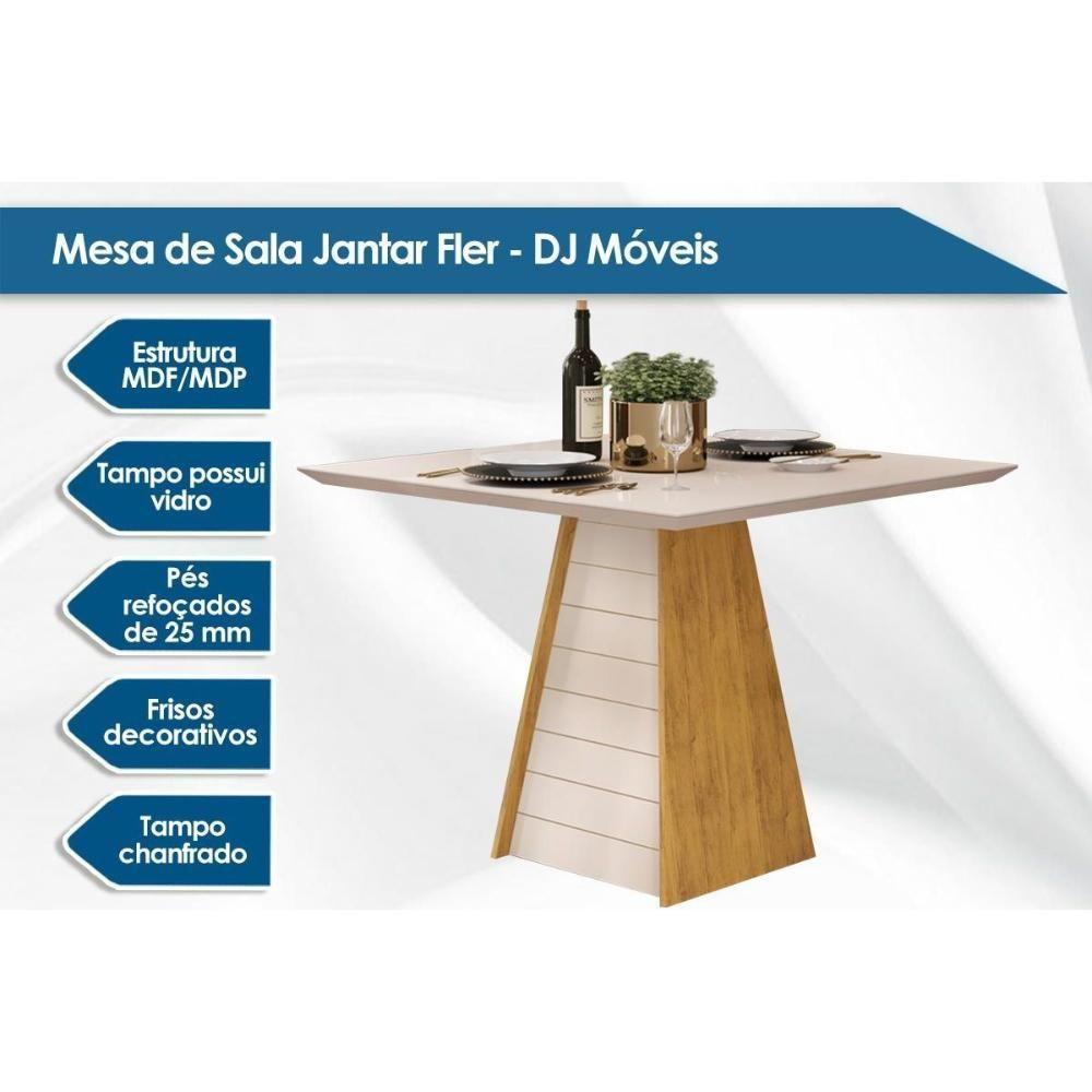 Mesa de Sala Jantar Fler c/Tampo Madeirado Vidro 90x90cm Cedro/Off White/Off White - DJ Móveis - 6