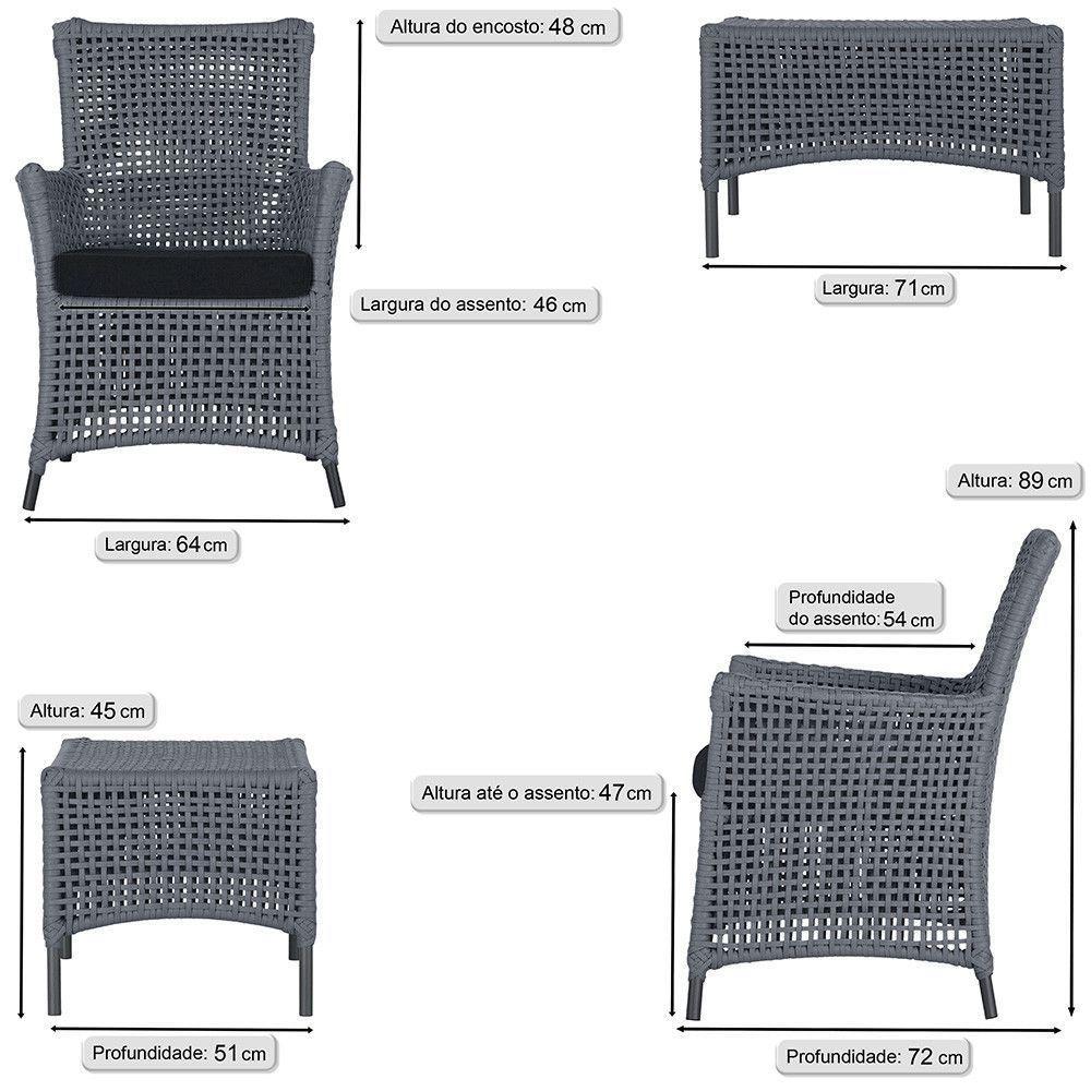 2 Poltronas E 1 Mesa Igapó Alumínio Preta Corda Náutica E12 Prata - 6