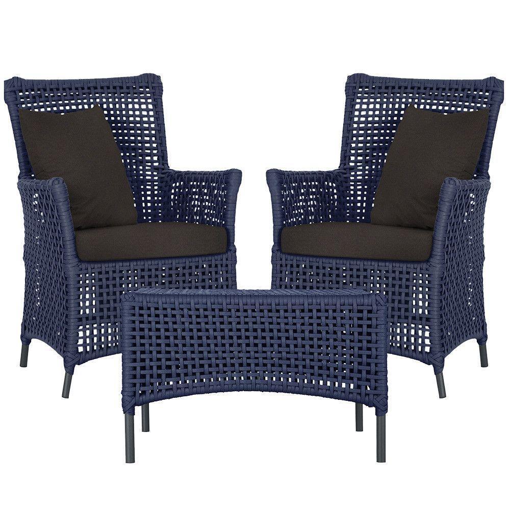 2 Poltronas E 1 Mesa Igapó Alumínio Preta Corda Náutica E9 Azul - 1