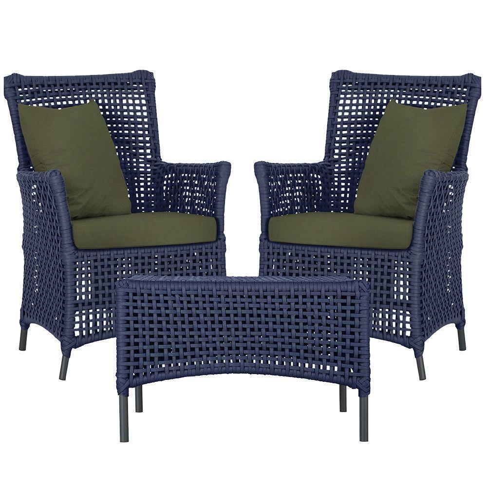 2 Poltronas E 1 Mesa Igapó Alumínio Preta Corda Náutica E13 Azul - 1