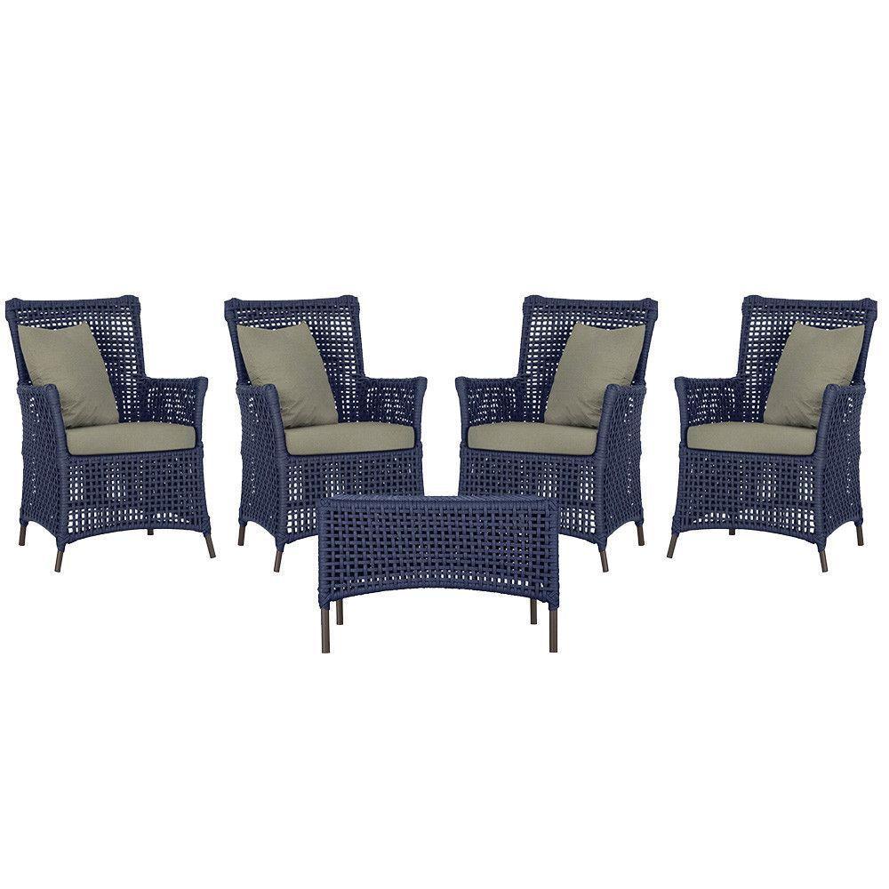 4 Poltronas E 1 Mesa Igapó Alumínio Marrom Corda Náutica E8 Azul - 1