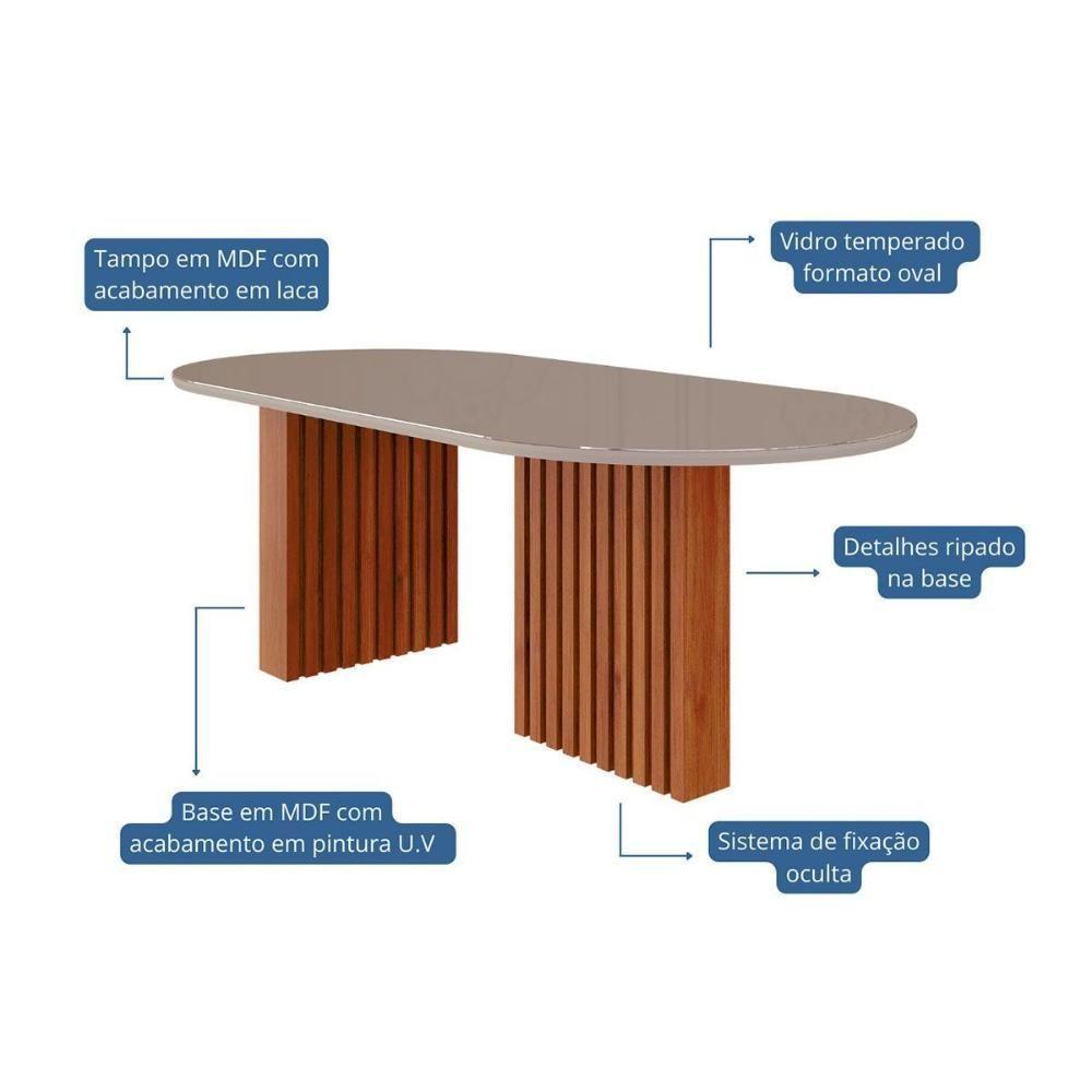 Mesa de Sala Jantar Ester c/Tampo Madeirado Vidro Oval 210x100cm Cinamomo/Off White - Cimol - 5