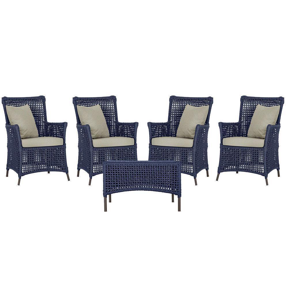 4 Poltronas E 1 Mesa Igapó Alumínio Marrom Corda Náutica E7 Azul - 1