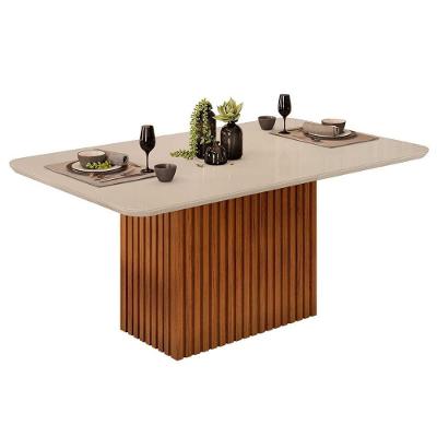 Mesa de Sala Jantar Canes c/Tampo Madeirado Vidro Curvo 170x90cm Freijó/Off White - DJ Móveis