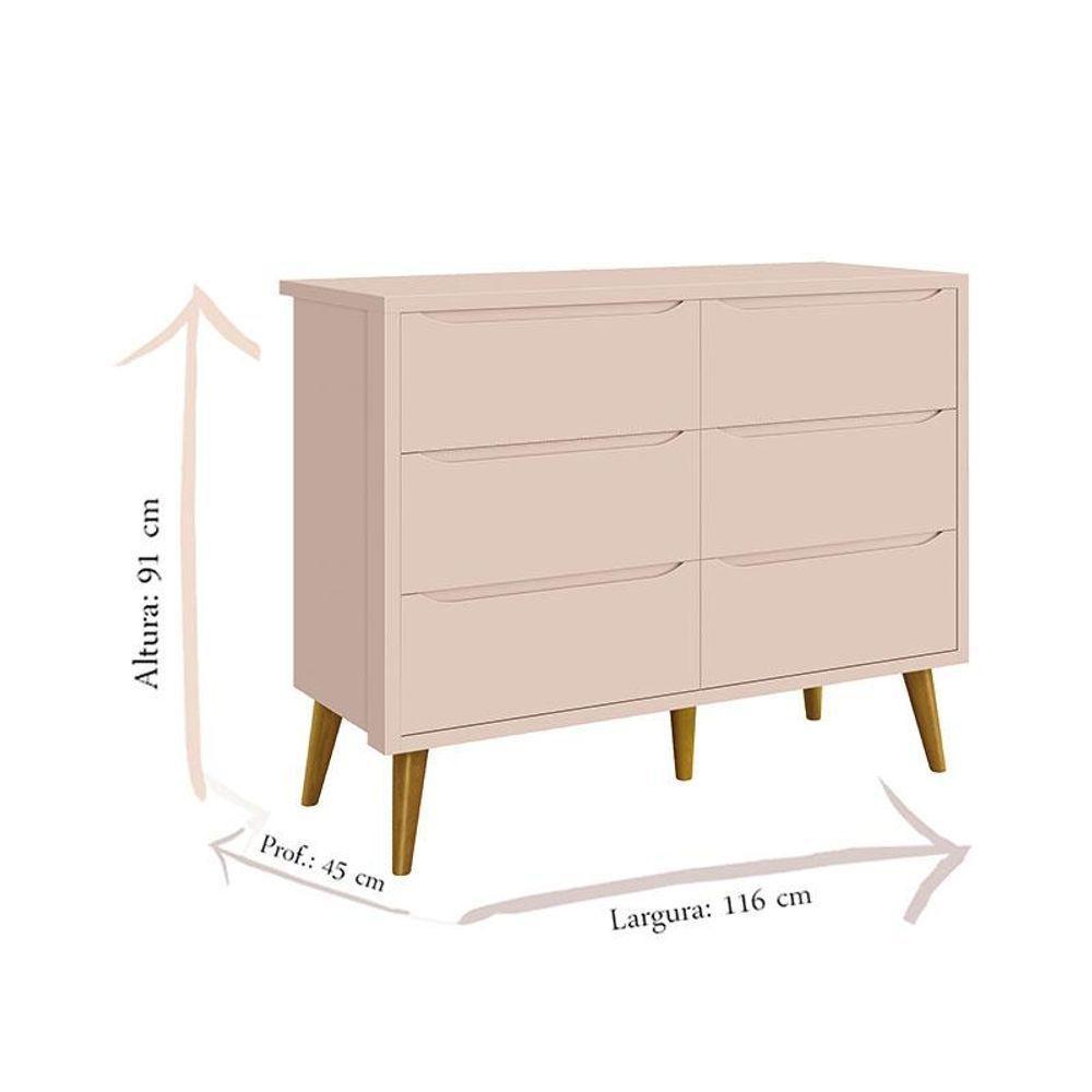 Cômoda Infantil 6 Gavetas Retrô Theo Rosa Acetinado Com Pés Madeira - Reller - 3