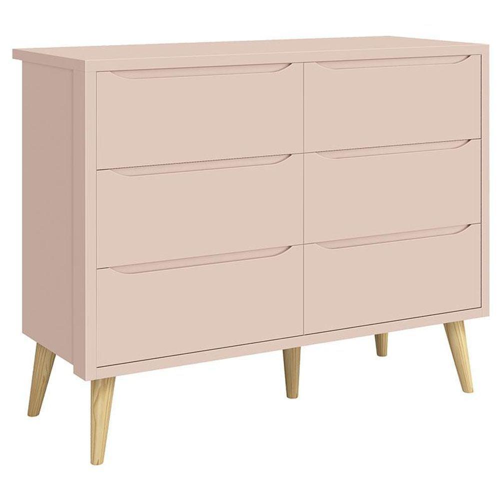 Cômoda Infantil 6 Gavetas Retrô Theo Rosa Acetinado Com Pés Natural - Reller - 1