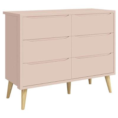 Cômoda Infantil Theo 6 Gavetas MDF com Puxador Embutido Rosa Acetinado Pés Natural