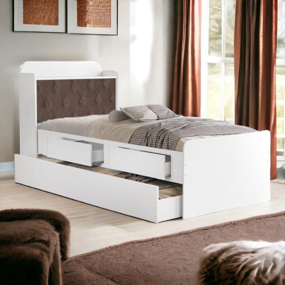 Cama Tamires Baú Branco Com Auxiliar E Capitonê Nogal - 1