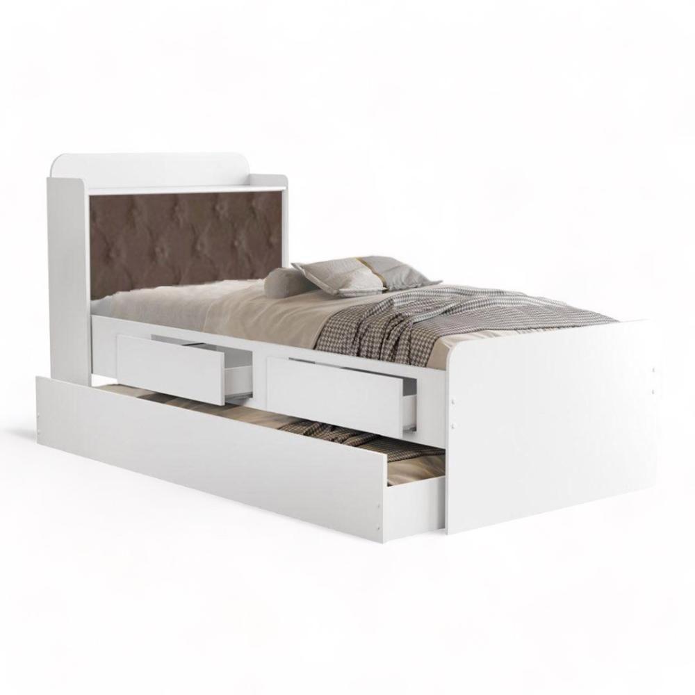 Cama Tamires Baú Branco Com Auxiliar E Capitonê Nogal - 3