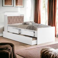 Cama Tamires Baú Branco Com Auxiliar E Capitonê Bege - 1