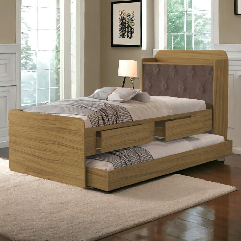 Cama Tamires Baú Freijó Com Auxiliar E Capitonê Nogal - 1