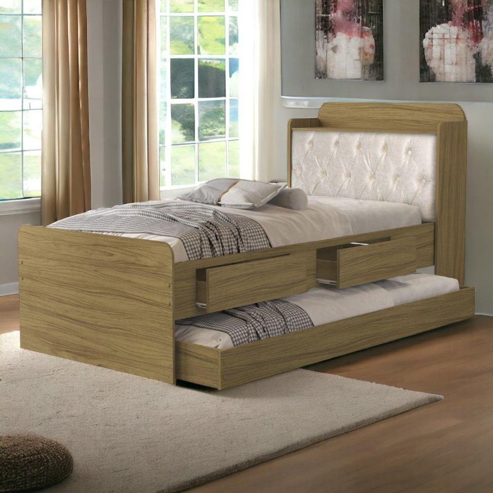 Cama Tamires Baú Freijó Com Auxiliar E Capitonê Bege - 1