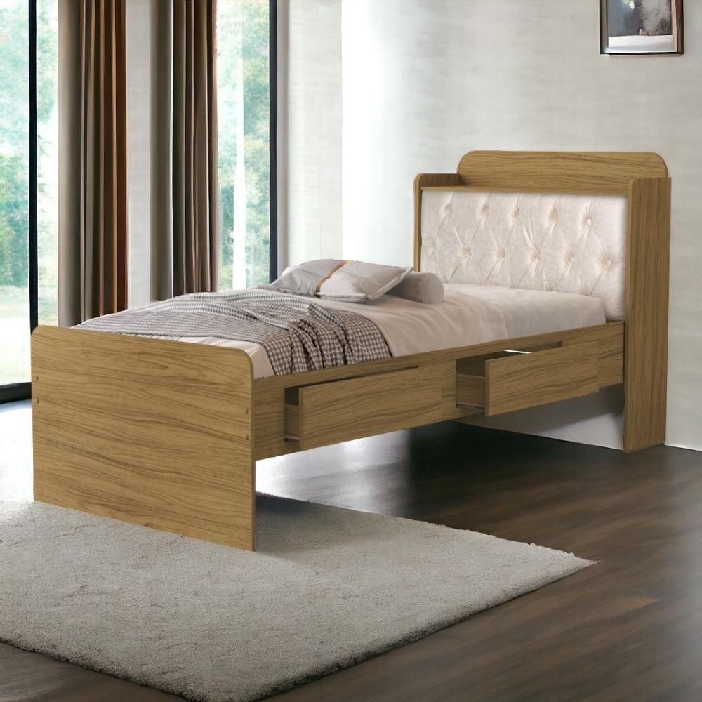 Cama Tamires Freijó Com Capitonê Bege E Colchão Cambel - 1