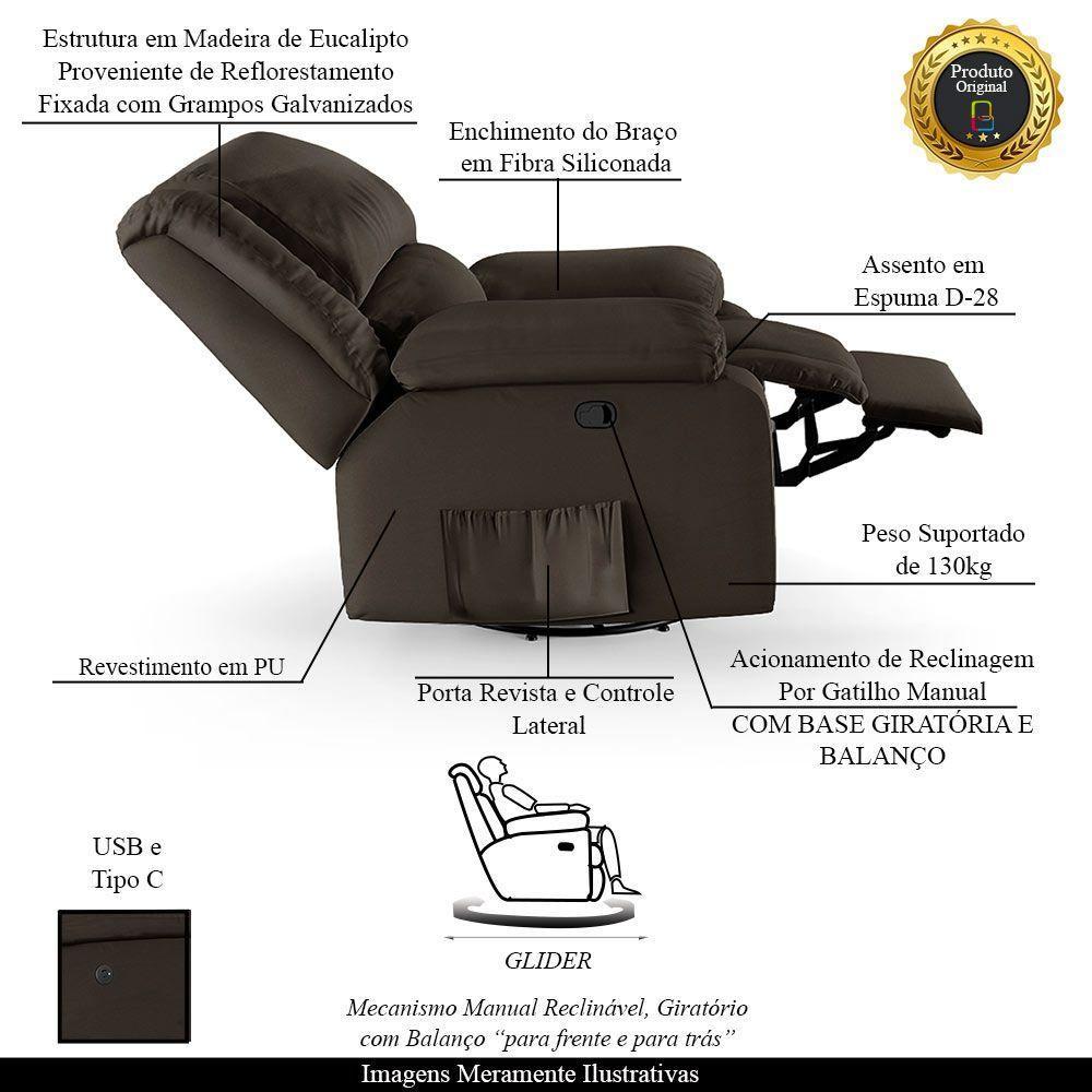 Poltrona Do Papai Reclinável Melim Glider Giratória Usb Sintético Pu F Fh1 - D'rossi Cor Marrom - 8