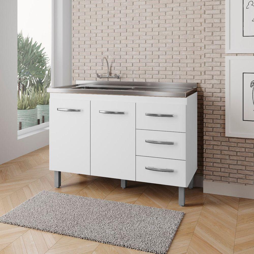 Balcão Para Pia De Cozinha 1,20m Bianca Com 2 Portas E 3 Gavetas Branco - Moblis - 3