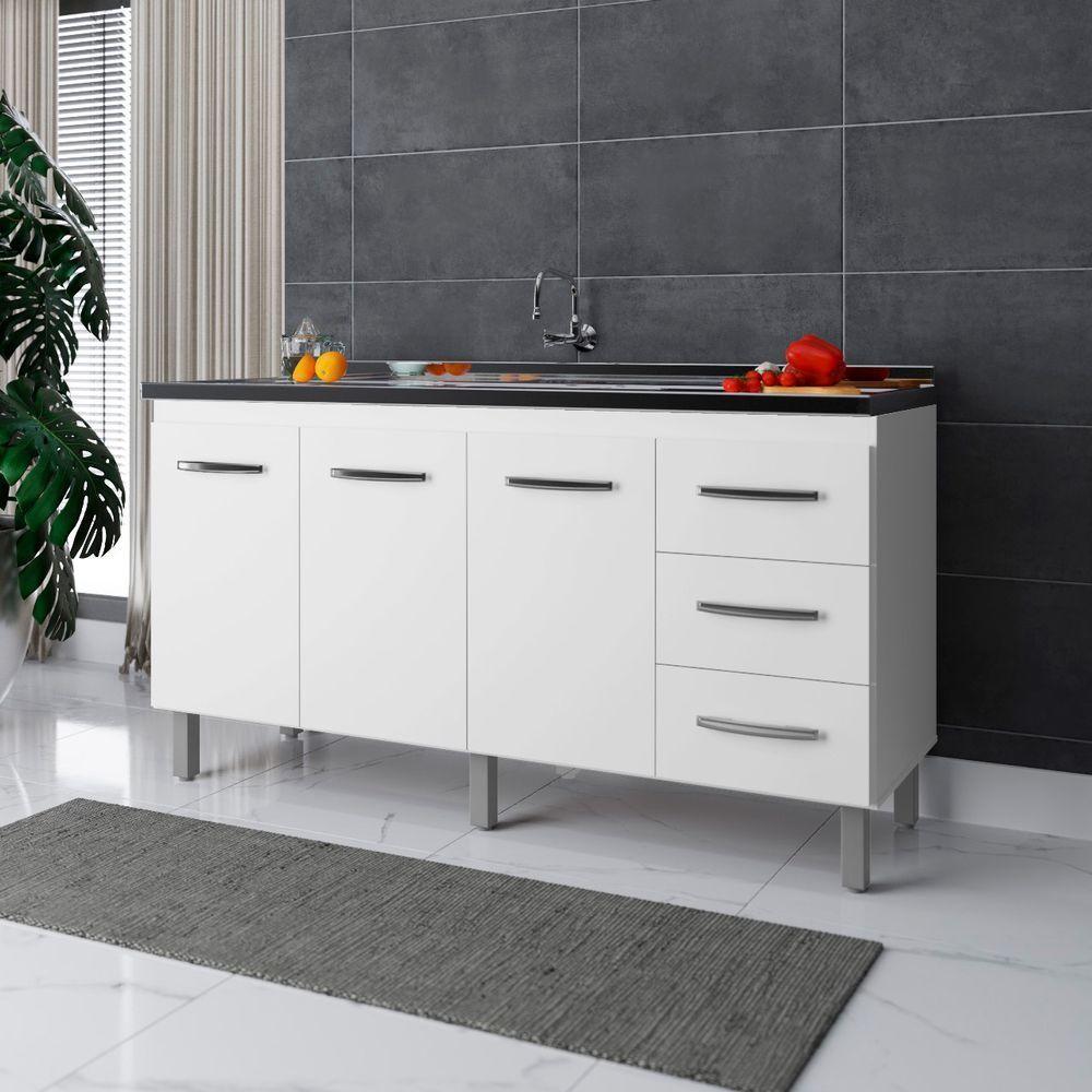 Balcão Para Pia De Cozinha 1,60m Emily Com 3 Portas E 3 Gavetas Branco - Moblis - 3