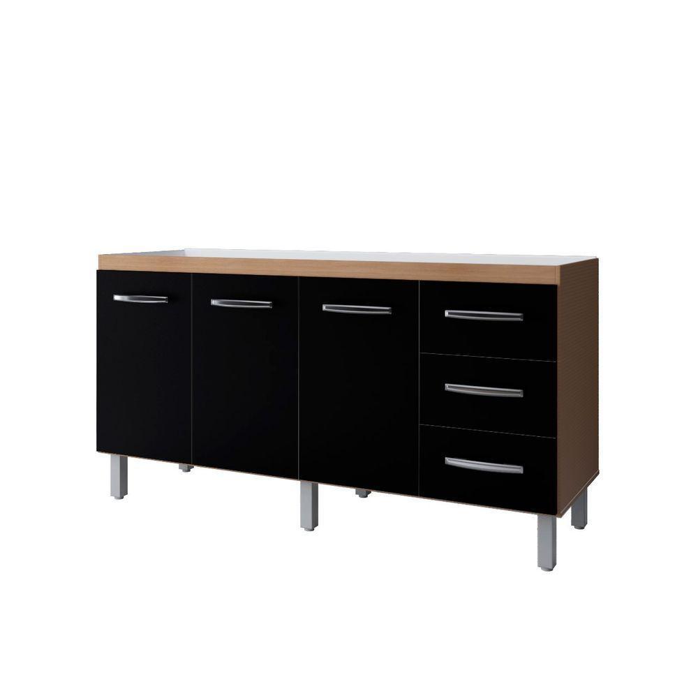 Balcão Para Pia De Cozinha 1,60m Emily Com 3 Portas E 3 Gavetas Savana/preto - Moblis - 1