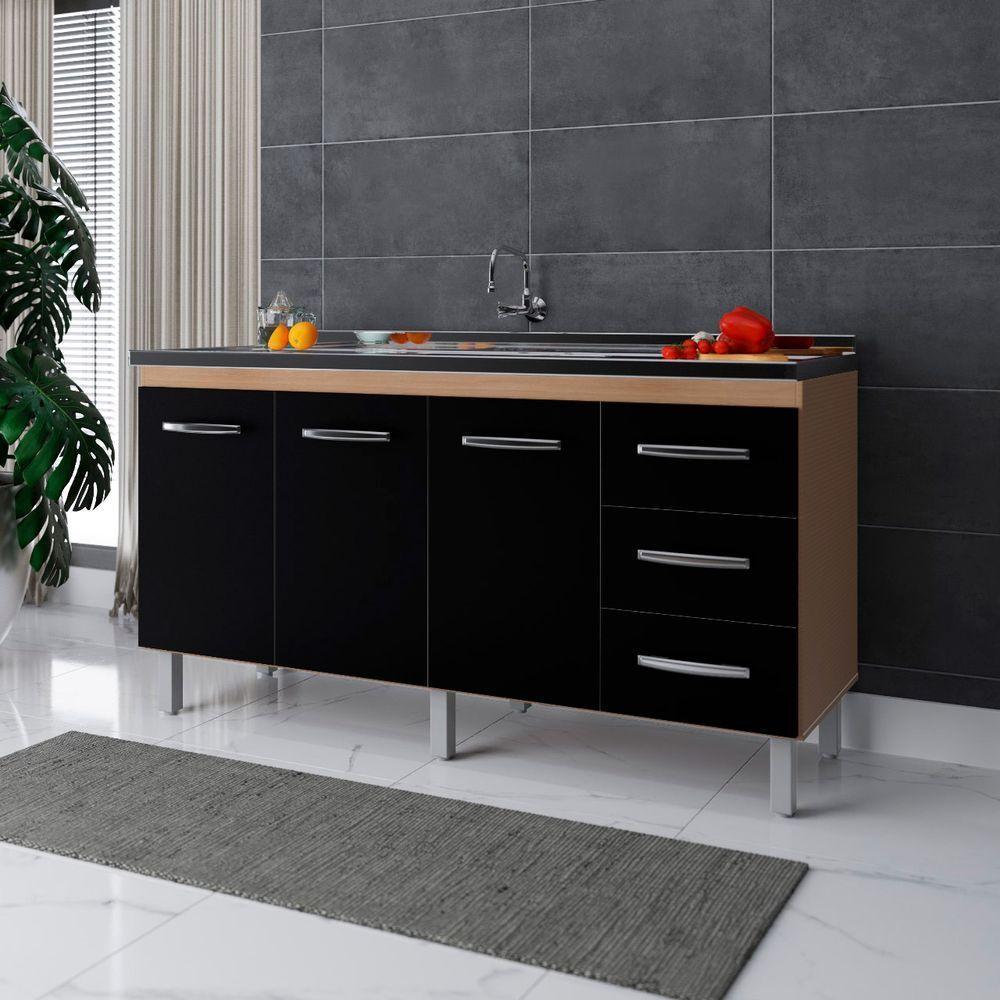 Balcão Para Pia De Cozinha 1,60m Emily Com 3 Portas E 3 Gavetas Savana/preto - Moblis - 3