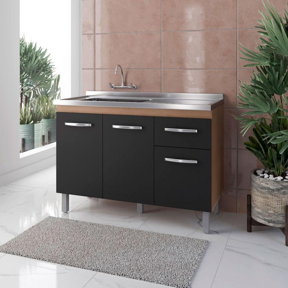 Balcão Para Pia 1,20m Anita Com 2 Portas E 2 Gavetas Savana/preto - Moblis - 3