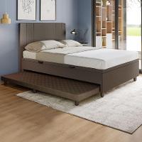 Base Cama Baú Casal Com Cama Auxiliar C/colchão Conjugado Corino - Skybox Cor Marrom - 1