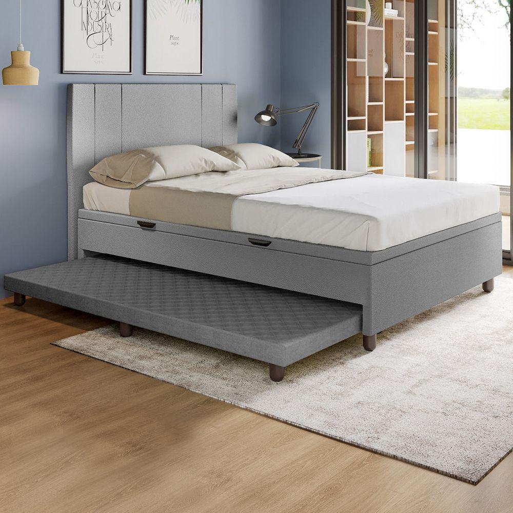 Base Cama Baú Casal Com Cama Auxiliar C/colchão Conjugado Corino - Skybox Cor Cinza - 1