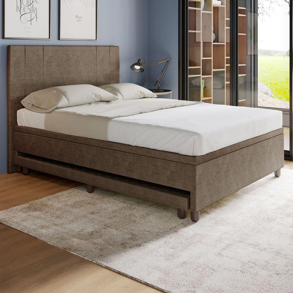 Base Box Casal Com Cama Auxiliar Com Colchão Conjugado Veludo - Skybox Cor Marrom - 6