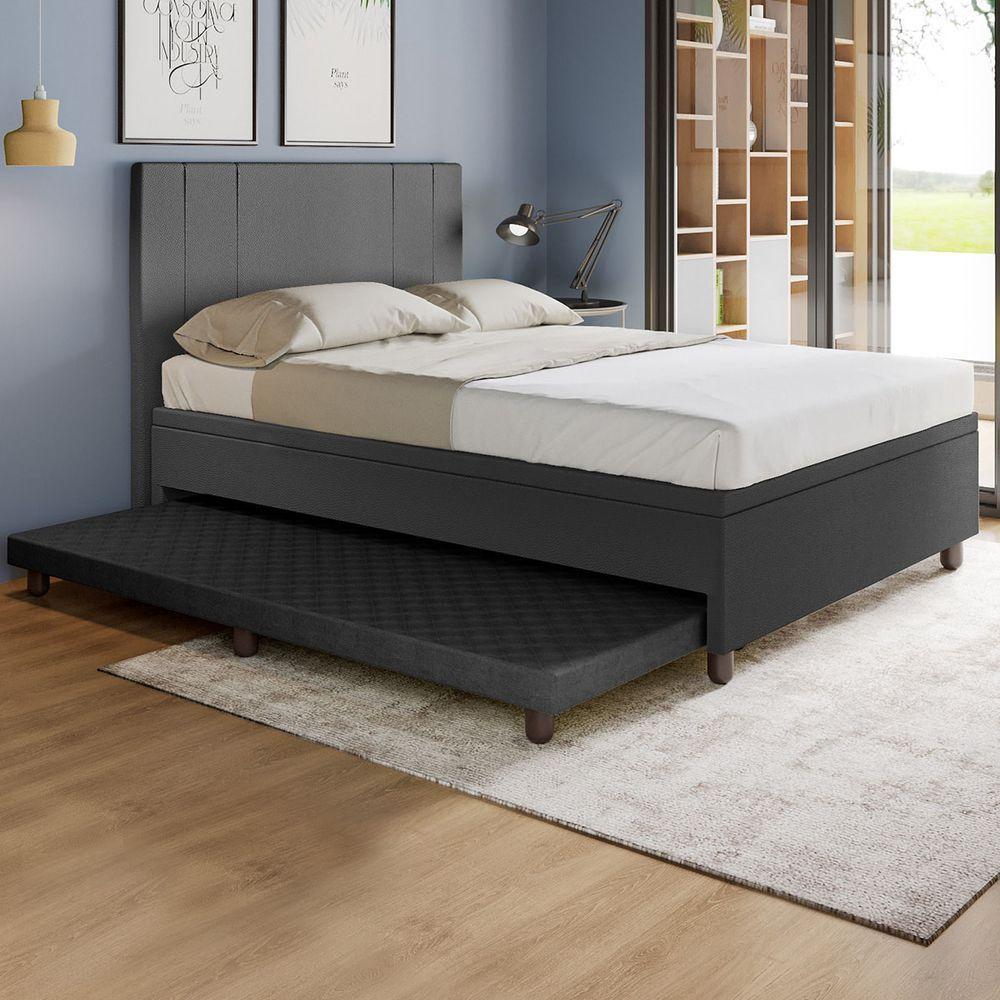 Base Box Casal Com Cama Auxiliar Com Colchão Conjugado Corino - Skybox Cor Preto - 1