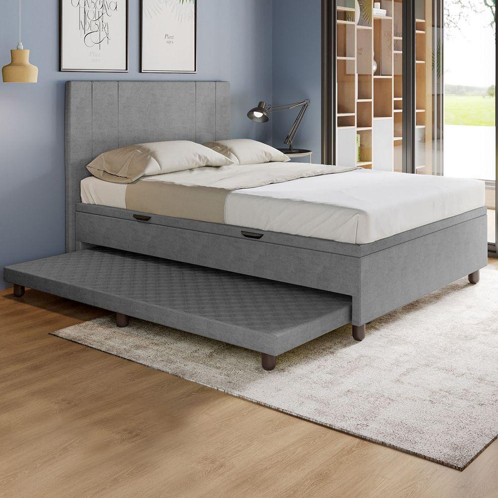 Base Cama Baú Casal Com Cama Auxiliar C/colchão Conjugado Veludo - Skybox Cor Cinza - 1