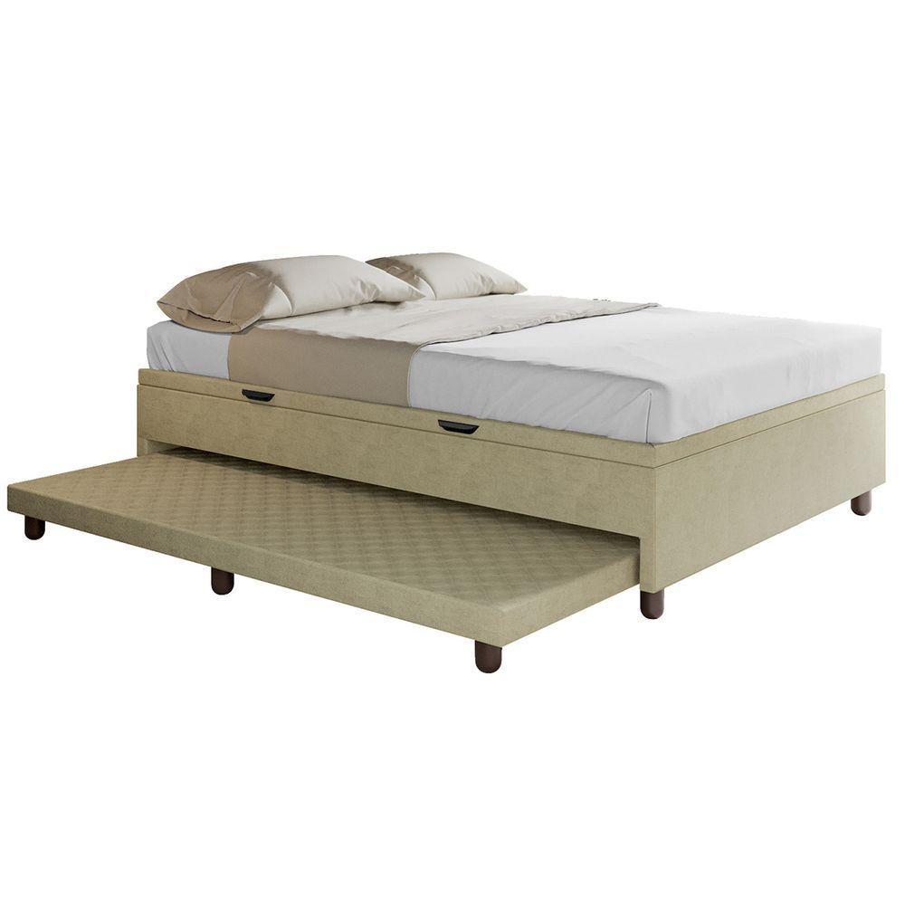 Base Cama Baú Casal Com Cama Auxiliar C/colchão Conjugado Veludo - Skybox Cor Bege - 3