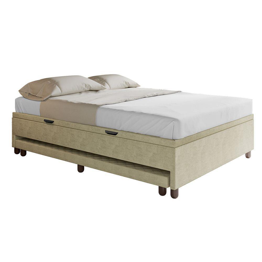 Base Cama Baú Casal Com Cama Auxiliar C/colchão Conjugado Veludo - Skybox Cor Bege - 4