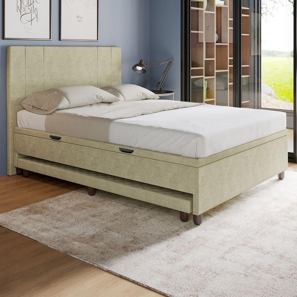 Base Cama Baú Casal Com Cama Auxiliar C/colchão Conjugado Veludo - Skybox Cor Bege - 6