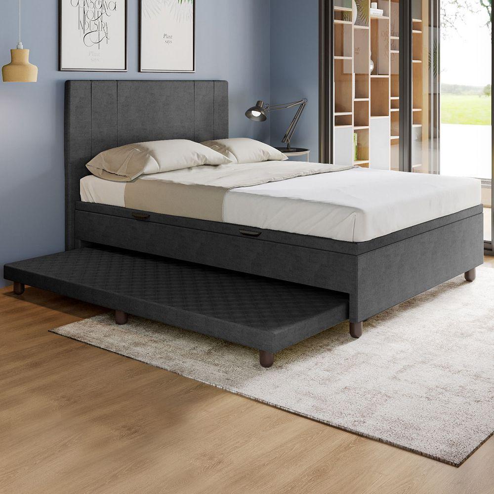Base Cama Baú Casal Com Cama Auxiliar C/colchão Conjugado Veludo - Skybox Cor Preto - 1